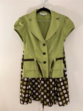 Studio I 2 Piece Skirt Set Olive Green Blazer Brown Polka Dot Retro